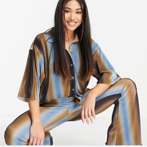 Topshop Blue and Brown Wide Leg set, button down lightweight striped size 8-10